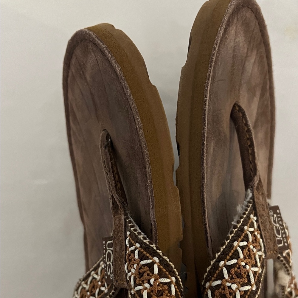 UGG Brown Suede Shearling Thong Sandals with Woven Strap Sz 9 - Picture 11 of 16